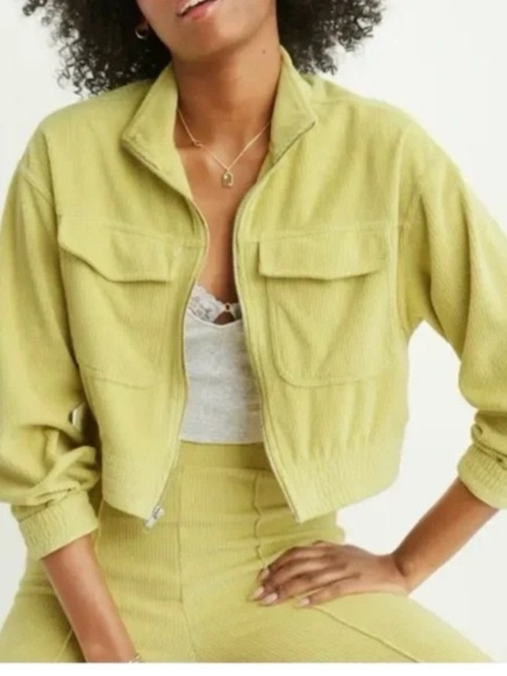 Aerie Chartreuse Green Ribbed Corduroy Zip Front Cropped Utility Jacket Size XXL